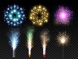 Realistic pyrotechnics. Festive fireworks types. 3D holiday explosions and roman candles. Rockets and sparkling fountain. Bengal light. Glowing petard bursts. Vector firecrackers set