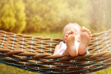 Summer Holiday Family Vacation. Children Barefoot Enjoy In Hammock. Family Weekend In Tropical Exotic Island.