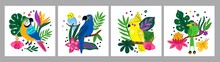 Tropical Birds Posters. Funny Rainforest Creatures. Bright Parrots And Jungle Plants Compositions. Exotic Animals. Parakeet Or Macaw On Palm Branches. Vector Summer Hawaiian Cards Set