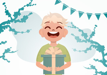 Smiling preschool boy holding a box with a bow. Birthday. Cartoon style.