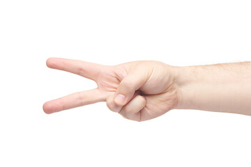 Wall Mural - Male hand with two fingers up isolated on white background. Brutal man's index and middle finger showing scissors gesture. Finger gestures.