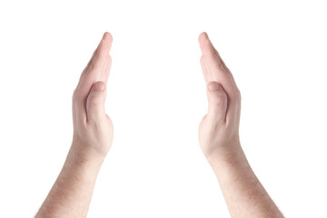 Wall Mural - Two opened male hand isolated on white background. Brutal man's palms rised up and hold something. Finger gestures.