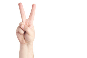 Wall Mural - Male hand with two fingers up isolated on white background. Brutal man's index and middle finger showing victory gesture. Finger gestures. Copy space