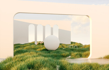 Fototapete - Abstract spring summer landscape scene with geometric form. lake and flower view. 3d rendering.