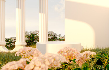 Poster - Abstract spring summer landscape scene with geometric form. lake and flower view. 3d rendering.