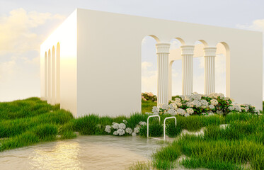 Fototapete - Abstract spring summer landscape scene with geometric form. lake and flower view. 3d rendering.