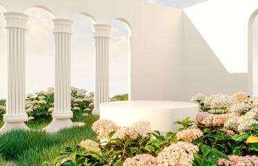 Poster - Abstract spring summer landscape scene with geometric form. lake and flower view. 3d rendering.