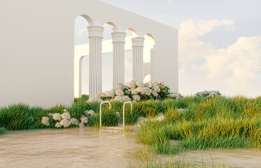 Fototapete - Abstract spring summer landscape scene with geometric form. lake and flower view. 3d rendering.