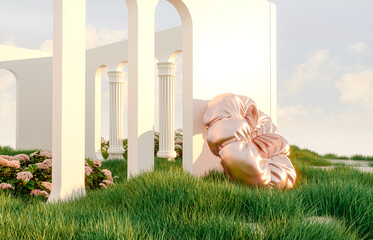 Fototapete - Abstract spring summer landscape scene with geometric form. lake and flower view. 3d rendering.
