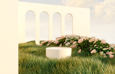 Fototapete - Abstract spring summer landscape scene with geometric form. lake and flower view. 3d rendering.