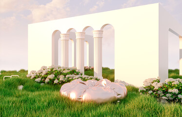 Fototapete - Abstract spring summer landscape scene with geometric form. lake and flower view. 3d rendering.