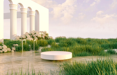 Fototapete - Abstract spring summer landscape scene with geometric form. lake and flower view. 3d rendering.