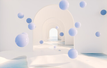 Fototapete - Abstract summer landscape scene with geometric form. ocean beach view. 3d rendering.