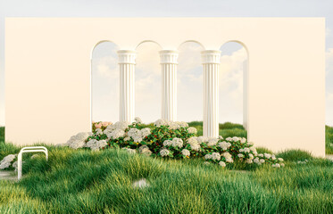 Fototapete - Abstract spring summer landscape scene with geometric form. lake and flower view. 3d rendering.
