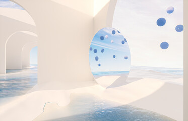 Fototapete - Abstract summer landscape scene with geometric form. ocean beach view. 3d rendering.