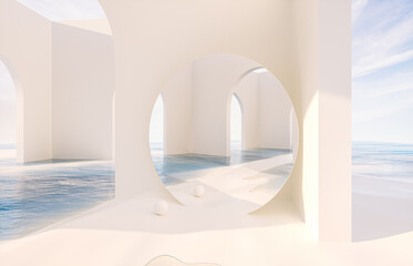 Fototapete - Abstract summer landscape scene with geometric form. ocean beach view. 3d rendering.