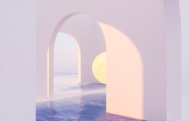 Abstract summer landscape scene with geometric form. ocean beach view. 3d rendering.