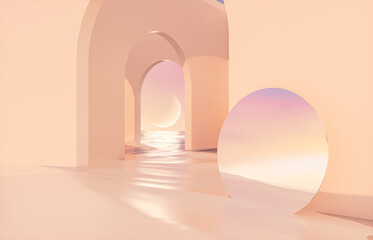 Fototapete - Abstract summer landscape scene with geometric form. ocean beach view. 3d rendering.