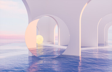 Fototapete - Abstract summer landscape scene with geometric form. ocean beach view. 3d rendering.