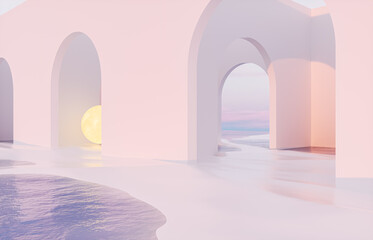 Fototapete - Abstract summer landscape scene with geometric form. ocean beach view. 3d rendering.