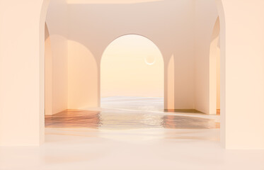 Aufkleber - Abstract summer landscape scene with geometric form. ocean beach view. 3d rendering.