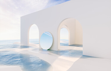 Aufkleber - Abstract summer landscape scene with geometric form. ocean beach view. 3d rendering.