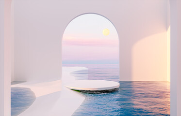 Fototapete - Abstract summer landscape scene with geometric form. ocean beach view. 3d rendering.