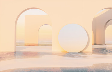 Fototapete - Abstract summer landscape scene with geometric form. ocean beach view. 3d rendering.