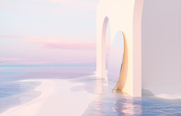 Fototapete - Abstract summer landscape scene with geometric form. ocean beach view. 3d rendering.