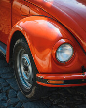 Closeup Of A Red Old Classic Car In The Street