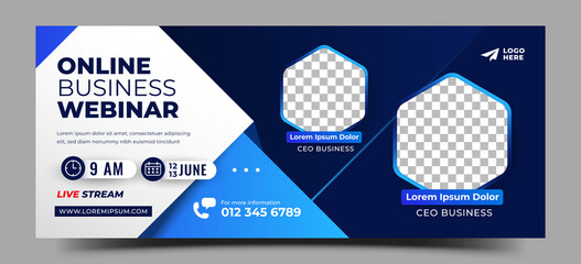 Wall Mural - Business webinar horizontal banner design template. Editable modern banner with blue background and place for the photo. Usable for banner, cover, and header.