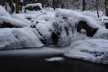 Sticker - Photo of a flowing river and rocks covered in frost and snow