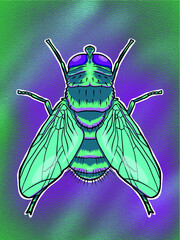 Sticker - Illustration of a green and blue fly with a gradient background