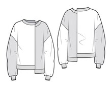 Unisex Sweatshirt Fashion CAD.  Woman Asymmetric Sweatshirt With Rib Details Fashion Flat Technical Drawing Template.  Jersey Or Woven Fabric Sweatshirt With Front, Back View, White And Grey Color.