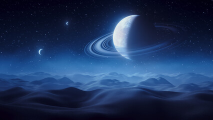 Wall Mural - night background of a desert landscape with a planet with rings in the sky and two small satellites.