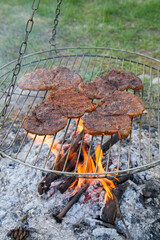 Sticker - Chuck steaks being barbequed over a bonfire
