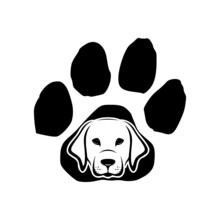 Pet Care Sign. Dog In Paw Print Icon On White Background
