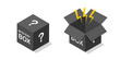 Closed and open mystery black box isometric icon. Secret prezent. Lucky prize concept. Vector illustration isolated on white background.