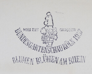 Wall Mural - briefmarke stamp vintage retro alt old slogan werbung papier paper stempel kasper bundesgartenschau köln 1957 mai oktober flower garden show papier paper