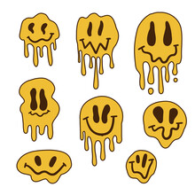 Set Of Melting Or Dripping Smiles Drawn In 70s Style. Collection Of Psychedelic Smiley Isolated On White Background. Vector Illustration.