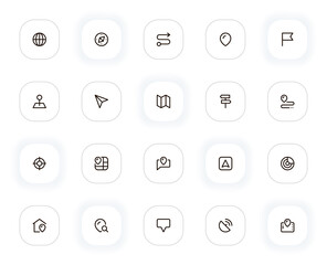 Poster - Navigation and maps line icons set. Globe, compass, route, location, target and other buttons. Vector outline pictograms for web and ui, ux mobile app design. Editable Stroke. 24x24 Pixel Perfect.