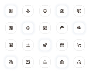 Poster - Travel line icons set. Passport, airplane, globe, suitcase, map, ticket, hotel and other buttons. Vector outline pictograms for web and ui, ux mobile app design. Editable Stroke. 24x24 Pixel Perfect.