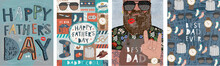 Happy Father's Day! Vector Cute Illustration Of Dad, Text, Male Objects, Pattern For Postcard, Card, Poster Or Background
