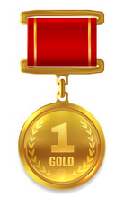 Wall Mural - first place golden round badge on red ribbon