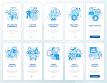 Etiquette Blue Onboarding Mobile App Screen Set. Basic Rules Walkthrough 5 Steps Graphic Instructions Pages With Linear Concepts. UI, UX, GUI Template. Myriad Pro-Bold, Regular Fonts Used