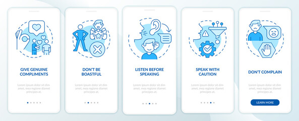 Basic etiquette rules blue onboarding mobile app screen. Set of norms walkthrough 5 steps graphic instructions pages with linear concepts. UI, UX, GUI template. Myriad Pro-Bold, Regular fonts used