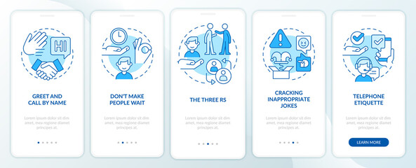 Wall Mural - Business etiquette blue onboarding mobile app screen. Set of rules walkthrough 5 steps graphic instructions pages with linear concepts. UI, UX, GUI template. Myriad Pro-Bold, Regular fonts used