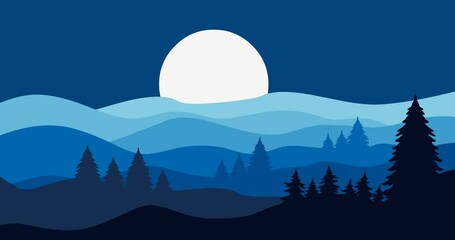 Wall Mural - parallax animation video of blue natural scenery with big and bright moonlight