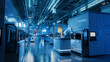 Wide Shot Inside Advanced Semiconductor Production Fab Cleanroom. Automated Robots are Transporting Wafers between Machines.