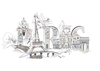 Paris lettering decorated with flowers and the Eiffel tower and other architecture sights. Hand drawn vector illustration.